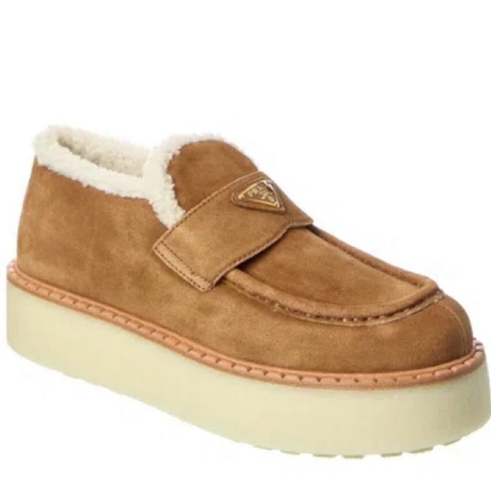 Prada Tan Suede Shearling Loafers